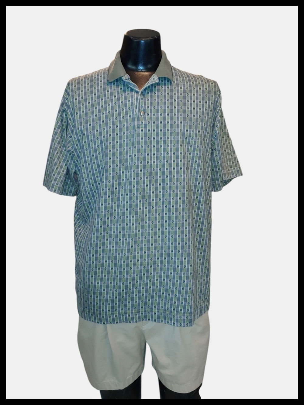 Men's Polo Shirt in Blue and Green Geometric Foulard Print Untied